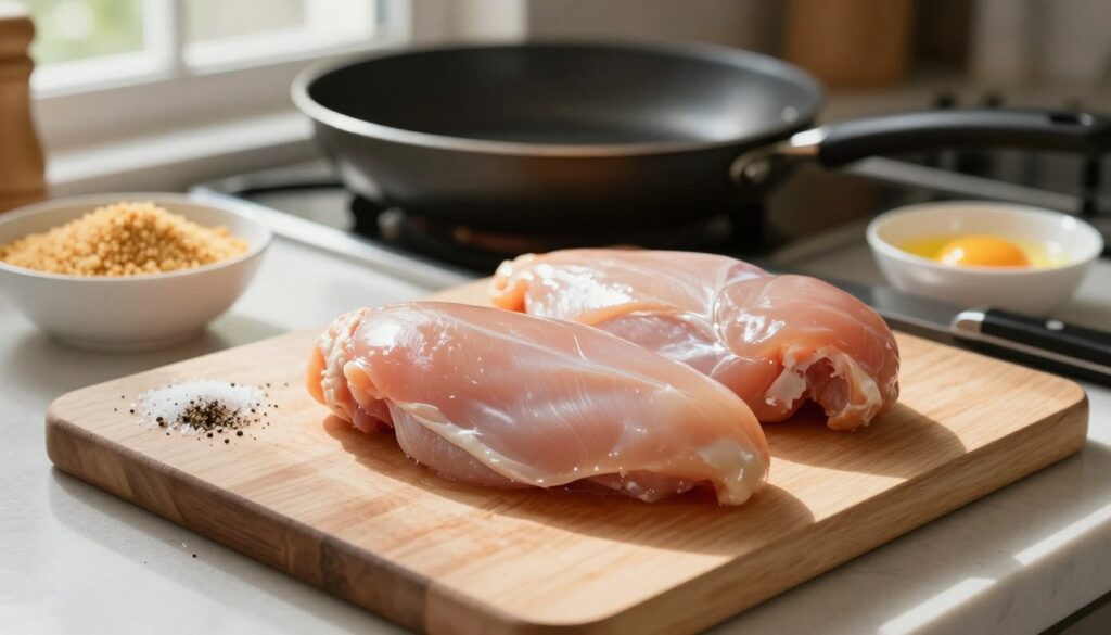 A cutting board in the foreground features raw chicken breasts, trimmed and ready for frying. Surrounding the chicken are various cooking ingredients: a sprinkling of salt, black pepper, and a small dish of breadcrumbs for breading. A chef's knife and a small bowl of beaten eggs are positioned nearby, while a frying pan sits in the background, hinting at the cooking process. Natural light streams in from a kitchen window, casting a warm glow over the scene and creating soft shadows. The atmosphere is inviting and organized, emphasizing preparation for a delicious meal. The focus is sharp on the chicken, with a shallow depth of field blurring the background slightly, enhancing the subject's prominence. A cutting board in the foreground features raw chicken breasts, trimmed and ready for frying. Surrounding the chicken are various cooking ingredients: a sprinkling of salt, black pepper, and a small dish of breadcrumbs for breading. A chef's knife and a small bowl of beaten eggs are positioned nearby, while a frying pan sits in the background, hinting at the cooking process. Natural light streams in from a kitchen window, casting a warm glow over the scene and creating soft shadows. The atmosphere is inviting and organized, emphasizing preparation for a delicious meal. The focus is sharp on the chicken, with a shallow depth of field blurring the background slightly, enhancing the subject's prominence.