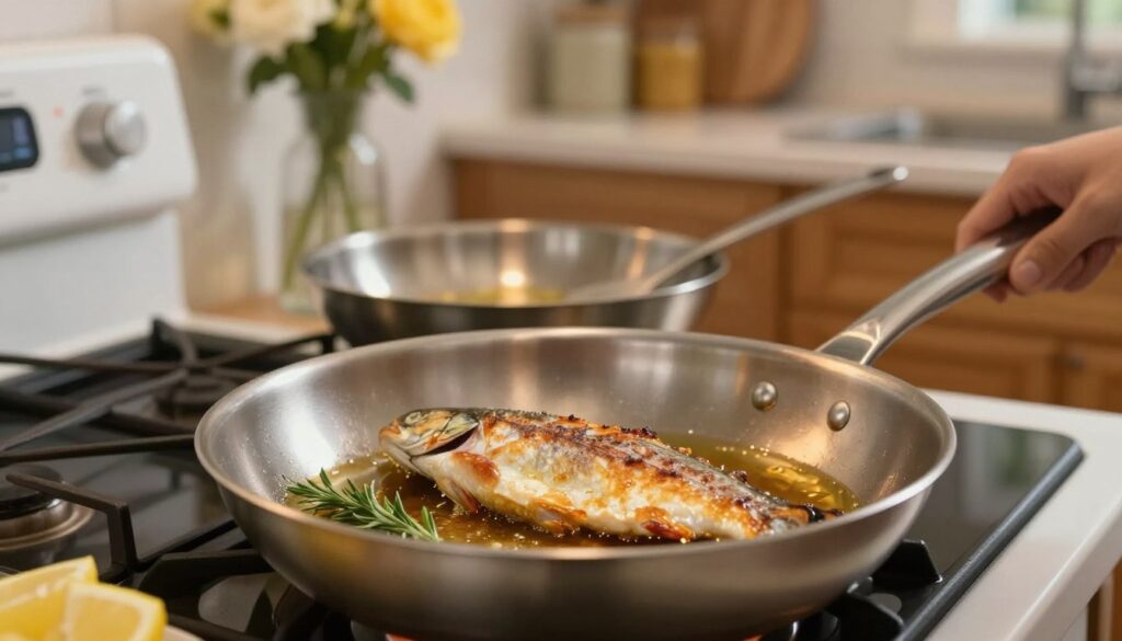 A detailed cooking scene featuring a trout being fried in a skillet on a stovetop. In the foreground, focus on the golden-brown trout fillet sizzling in the hot oil, with some fresh herbs and lemon wedges nearby for garnish. In the middle, a stainless steel frying pan reflects the warm glow of the kitchen lights, while a spatula rests beside the pan, ready for flipping. In the background, a cozy kitchen setting is depicted, with wooden cabinets and a vase of flowers on the counter, complementing the warm atmosphere. The soft, natural lighting creates a homely and inviting mood, emphasizing the step-by-step cooking process. The angle captures the skillet from a slightly elevated view, enhancing the visual interest and clarity of the cooking technique. A detailed cooking scene featuring a trout being fried in a skillet on a stovetop. In the foreground, focus on the golden-brown trout fillet sizzling in the hot oil, with some fresh herbs and lemon wedges nearby for garnish. In the middle, a stainless steel frying pan reflects the warm glow of the kitchen lights, while a spatula rests beside the pan, ready for flipping. In the background, a cozy kitchen setting is depicted, with wooden cabinets and a vase of flowers on the counter, complementing the warm atmosphere. The soft, natural lighting creates a homely and inviting mood, emphasizing the step-by-step cooking process. The angle captures the skillet from a slightly elevated view, enhancing the visual interest and clarity of the cooking technique.