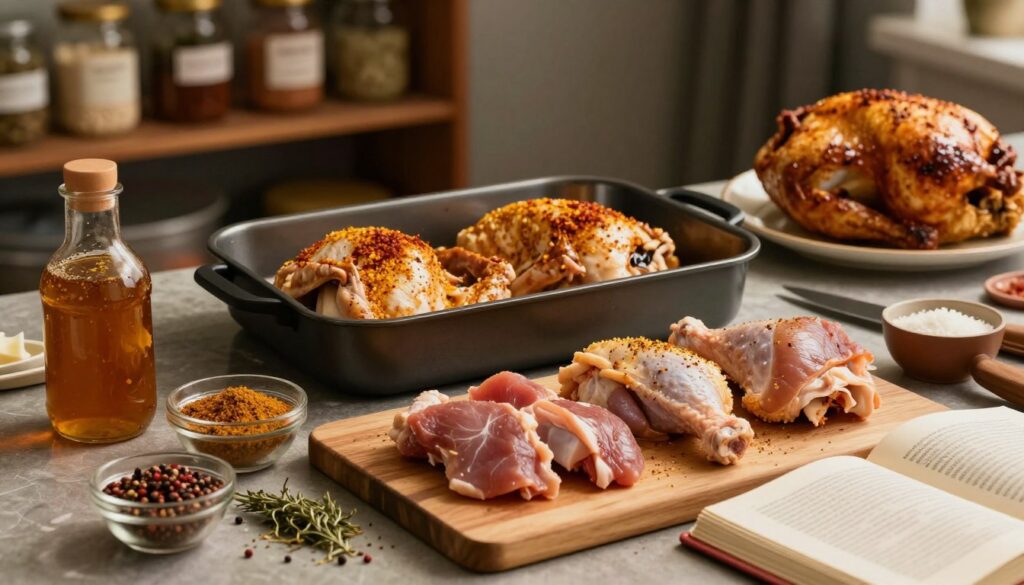 A detailed kitchen scene showcasing common mistakes in marinating and roasting poultry. In the foreground, there are various chicken cuts on a chopping board, surrounded by a messy array of ingredients like overly salty marinades, dried herbs, and improperly measured spices. A partially opened cookbook with notes can be seen. In the middle ground, a roasting pan shows chicken that has been incorrectly seasoned, with unevenly distributed spices. In the background, dimly lit shelves filled with unlabelled jars and an overcooked chicken on a platter add to the atmosphere of chaos. The lighting is warm and inviting but highlights the errors, creating a slightly humorous yet informative mood. The composition should focus on realism, making viewers reflect on their own cooking techniques.