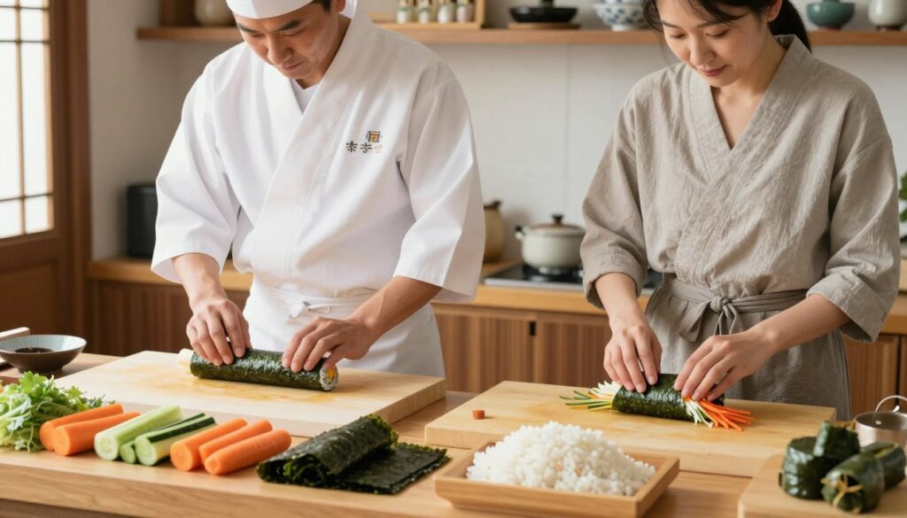 A detailed kitchen scene showcasing the preparation of sushi and kimbap side by side. In the foreground, a wooden cutting board adorned with fresh ingredients: vibrant vegetables like cucumber and carrot, nori sheets, sushi rice, and a rolling mat. In the middle, a sushi chef in a crisp white uniform, meticulously rolling sushi with precision, while a home cook in modest casual attire prepares kimbap, layering ingredients with care. The background features a well-organized kitchen with traditional Japanese and Korean decor, soft natural light illuminating the workspace. Emphasize a sense of harmony and shared culture in Asian cuisine, capturing the essence of preparation, detail, and culinary artistry in a warm, inviting atmosphere.