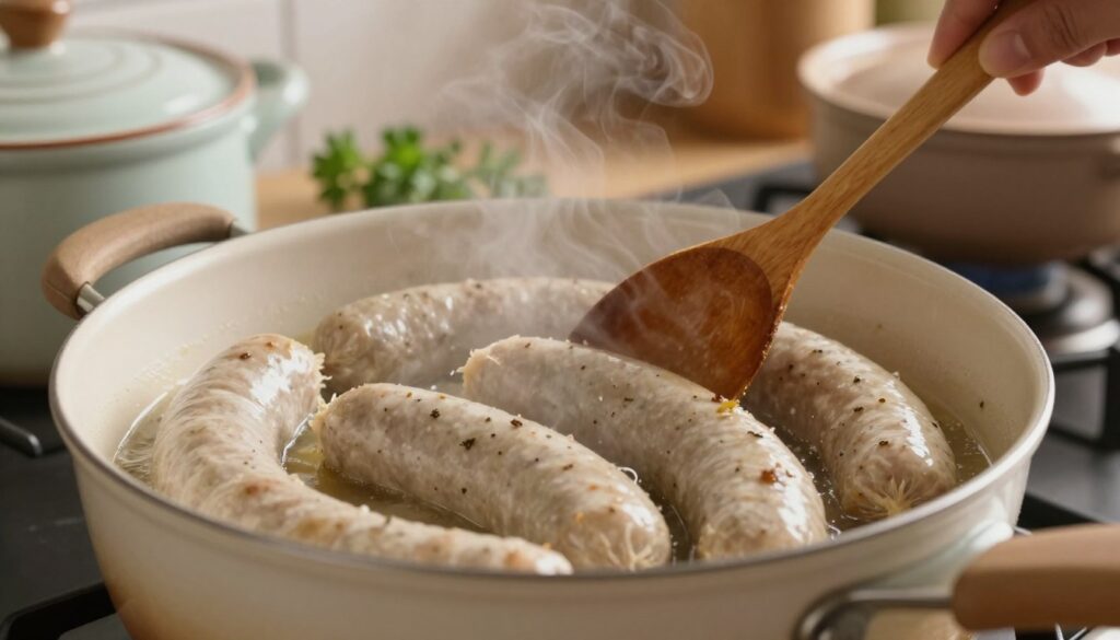 A focused view of a pot simmering on a stove, filled with white sausages being delicately cooked. In the foreground, the sausages are plump, showcasing their texture, with steam gently rising from the pot, hinting at the aromatic herbs used for flavoring. The middle ground features a wooden spoon stirring the content, with a few fresh sprigs of parsley scattered nearby for garnish. The background should include a cozy kitchen atmosphere, with soft, warm lighting illuminating the scene while casting a subtle glow on ceramic pots and pans. The angle is slightly above eye level to capture the heart of the cooking process, while evoking a sense of warmth and comfort associated with home-cooked meals. A focused view of a pot simmering on a stove, filled with white sausages being delicately cooked. In the foreground, the sausages are plump, showcasing their texture, with steam gently rising from the pot, hinting at the aromatic herbs used for flavoring. The middle ground features a wooden spoon stirring the content, with a few fresh sprigs of parsley scattered nearby for garnish. The background should include a cozy kitchen atmosphere, with soft, warm lighting illuminating the scene while casting a subtle glow on ceramic pots and pans. The angle is slightly above eye level to capture the heart of the cooking process, while evoking a sense of warmth and comfort associated with home-cooked meals.
