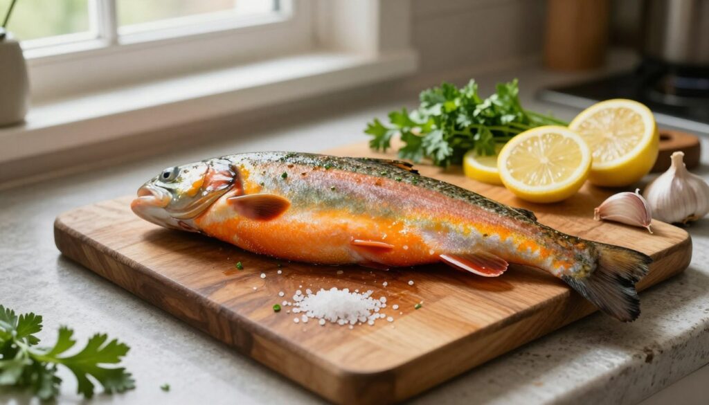 A fresh trout ready for frying, glistening with moisture, showcasing its iridescent scales and bright orange flesh. The fish is placed on a rustic wooden cutting board, surrounded by vibrant ingredients such as a sprinkle of coarse sea salt, freshly chopped parsley, slices of lemon, and a few cloves of garlic. In the background, a well-worn kitchen counter is softly illuminated by warm, natural light filtering through a nearby window, creating an inviting atmosphere. The angle captures the trout from a slight overhead perspective, emphasizing its freshness and the enticing preparations around it. The overall mood evokes a sense of home cooking and culinary delight, inviting viewers to explore the art of frying trout. A fresh trout ready for frying, glistening with moisture, showcasing its iridescent scales and bright orange flesh. The fish is placed on a rustic wooden cutting board, surrounded by vibrant ingredients such as a sprinkle of coarse sea salt, freshly chopped parsley, slices of lemon, and a few cloves of garlic. In the background, a well-worn kitchen counter is softly illuminated by warm, natural light filtering through a nearby window, creating an inviting atmosphere. The angle captures the trout from a slight overhead perspective, emphasizing its freshness and the enticing preparations around it. The overall mood evokes a sense of home cooking and culinary delight, inviting viewers to explore the art of frying trout.