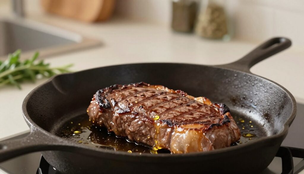 A high-quality close-up of a cast-iron skillet sizzling with a juicy steak, freshly seared and glistening under warm, soft kitchen lighting. The skillet is perfectly placed in the foreground, showcasing its rough texture and heat. Surrounding the skillet, droplets of golden cooking oil shimmer, highlighting the ideal fat for steak preparation. In the background, a neutral-colored kitchen counter with herbs and seasonings, adding subtle depth to the image. The atmosphere is warm and inviting, embodying the essence of home cooking. A shallow depth of field focuses on the skillet and steak, blurring the background slightly to create a captivating focal point. All elements come together to evoke a sense of comfort and culinary expertise. A high-quality close-up of a cast-iron skillet sizzling with a juicy steak, freshly seared and glistening under warm, soft kitchen lighting. The skillet is perfectly placed in the foreground, showcasing its rough texture and heat. Surrounding the skillet, droplets of golden cooking oil shimmer, highlighting the ideal fat for steak preparation. In the background, a neutral-colored kitchen counter with herbs and seasonings, adding subtle depth to the image. The atmosphere is warm and inviting, embodying the essence of home cooking. A shallow depth of field focuses on the skillet and steak, blurring the background slightly to create a captivating focal point. All elements come together to evoke a sense of comfort and culinary expertise.