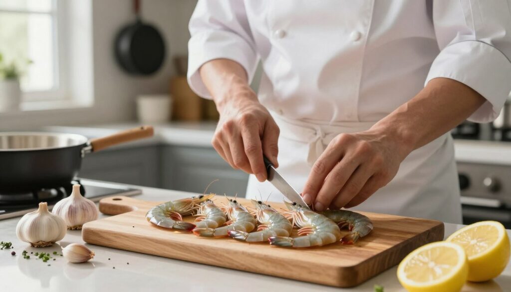 A kitchen countertop scene featuring a close-up view of shrimp being prepared for frying. In the foreground, fresh, raw shrimp are arranged on a wooden cutting board, surrounded by garlic cloves, slices of lemon, and a sprinkle of herbs. The middle layer includes a professional chef, wearing a clean white apron, focused on deveining the shrimp with a sharp knife. The background shows a softly lit kitchen with pots and pans hanging, creating an inviting atmosphere. Natural light streams in from a nearby window, highlighting the textures and colors of the ingredients. The overall mood is warm and homely, emphasizing the importance of careful preparation in cooking. A kitchen countertop scene featuring a close-up view of shrimp being prepared for frying. In the foreground, fresh, raw shrimp are arranged on a wooden cutting board, surrounded by garlic cloves, slices of lemon, and a sprinkle of herbs. The middle layer includes a professional chef, wearing a clean white apron, focused on deveining the shrimp with a sharp knife. The background shows a softly lit kitchen with pots and pans hanging, creating an inviting atmosphere. Natural light streams in from a nearby window, highlighting the textures and colors of the ingredients. The overall mood is warm and homely, emphasizing the importance of careful preparation in cooking.