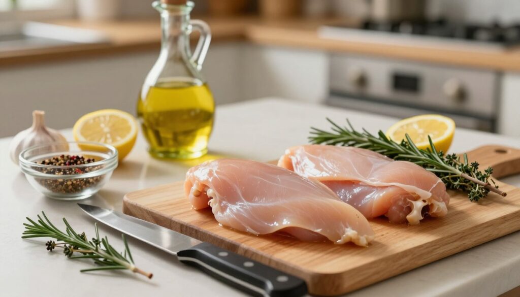 A kitchen countertop setting featuring a close-up of boneless chicken breasts being prepared for marination. In the foreground, focus on a cutting board with the chicken breasts neatly arranged. A sharp knife lies nearby, along with sprigs of fresh herbs like rosemary and thyme, and a small bowl of spices and marinade ingredients, including garlic and lemon slices. In the middle ground, a bottle of olive oil and a bowl of seasoning mix add detail. The background showcases a softly blurred kitchen environment, with warm lighting that creates a cozy atmosphere. Use natural light to highlight the freshness of the ingredients, capturing the essence of culinary preparation. The angle should be slightly above the countertop to emphasize the ingredients prominently. A kitchen countertop setting featuring a close-up of boneless chicken breasts being prepared for marination. In the foreground, focus on a cutting board with the chicken breasts neatly arranged. A sharp knife lies nearby, along with sprigs of fresh herbs like rosemary and thyme, and a small bowl of spices and marinade ingredients, including garlic and lemon slices. In the middle ground, a bottle of olive oil and a bowl of seasoning mix add detail. The background showcases a softly blurred kitchen environment, with warm lighting that creates a cozy atmosphere. Use natural light to highlight the freshness of the ingredients, capturing the essence of culinary preparation. The angle should be slightly above the countertop to emphasize the ingredients prominently.