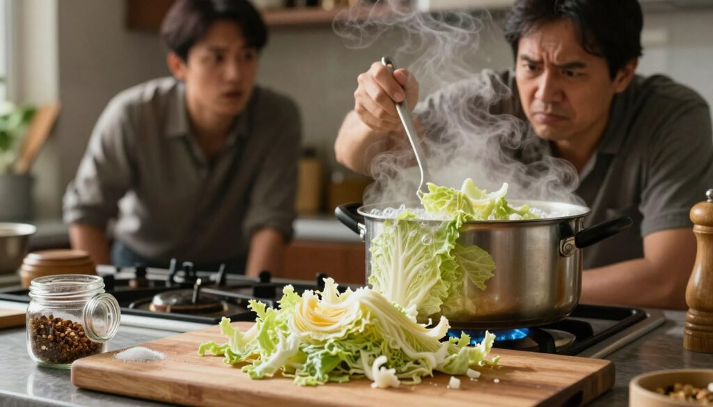 A kitchen scene depicting common mistakes in cooking fermented cabbage. In the foreground, a wooden chopping board with overcooked cabbage leaves that are mushy and falling apart, alongside a spilled jar of spices that are improperly measured—too much salt. In the middle, a pot on the stove with bubbling, sour-smelling liquid, steam rising and an alarming amount of cabbage nearly overflowing. In the background, a worried cook, a middle-aged person in casual clothing, observing the chaos with a slightly frowning expression, holding a stirring spoon. The lighting is warm and inviting, yet slightly chaotic, creating a sense of urgency and frustration, as if the cooking process has gone awry. The overall atmosphere reflects a blend of culinary challenge and relatable kitchen anecdotes. A kitchen scene depicting common mistakes in cooking fermented cabbage. In the foreground, a wooden chopping board with overcooked cabbage leaves that are mushy and falling apart, alongside a spilled jar of spices that are improperly measured—too much salt. In the middle, a pot on the stove with bubbling, sour-smelling liquid, steam rising and an alarming amount of cabbage nearly overflowing. In the background, a worried cook, a middle-aged person in casual clothing, observing the chaos with a slightly frowning expression, holding a stirring spoon. The lighting is warm and inviting, yet slightly chaotic, creating a sense of urgency and frustration, as if the cooking process has gone awry. The overall atmosphere reflects a blend of culinary challenge and relatable kitchen anecdotes.
