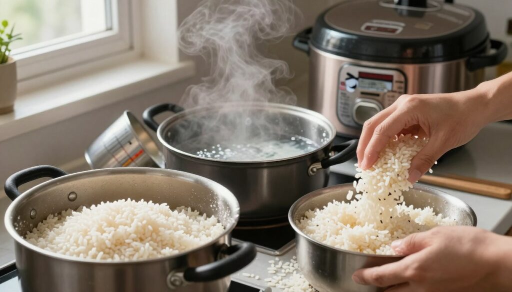 A kitchen scene depicting the common mistakes made while cooking sushi rice. In the foreground, a close-up of a pot overflowing with rice, some grains spilling out messily, illustrating overcooking. In the middle, a hand mistakenly adding too much water into another pot, creating a watery puddle, with a measuring cup tipped over beside it. In the background, a rice cooker with a confused expression, malfunctioning with steam rising. Natural lighting comes from a window, casting soft shadows, enhancing the chaotic atmosphere of a cooking mishap. The overall mood is both chaotic and educational, emphasizing the importance of technique in sushi rice preparation. A kitchen scene depicting the common mistakes made while cooking sushi rice. In the foreground, a close-up of a pot overflowing with rice, some grains spilling out messily, illustrating overcooking. In the middle, a hand mistakenly adding too much water into another pot, creating a watery puddle, with a measuring cup tipped over beside it. In the background, a rice cooker with a confused expression, malfunctioning with steam rising. Natural lighting comes from a window, casting soft shadows, enhancing the chaotic atmosphere of a cooking mishap. The overall mood is both chaotic and educational, emphasizing the importance of technique in sushi rice preparation.