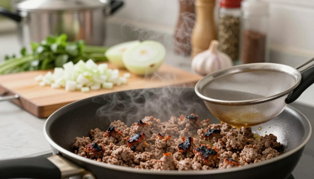 A kitchen scene focusing on the common mistakes when frying ground meat. In the foreground, a frying pan is sizzling with browned ground meat, some pieces overcooked and burnt. A closer look reveals a mesh strainer catching excess fat. In the middle ground, a chopping board displays chopped onions and garlic, with a slight haze of steam rising. The background shows a blurred kitchen environment, with pots, herbs, and spices neatly arranged, contributing to a homely atmosphere. Soft, warm lighting illuminates the scene, highlighting the textures and colors of the ingredients. The camera angle is slightly tilted to give a dynamic view of the frying pan, creating an inviting yet educational mood. A kitchen scene focusing on the common mistakes when frying ground meat. In the foreground, a frying pan is sizzling with browned ground meat, some pieces overcooked and burnt. A closer look reveals a mesh strainer catching excess fat. In the middle ground, a chopping board displays chopped onions and garlic, with a slight haze of steam rising. The background shows a blurred kitchen environment, with pots, herbs, and spices neatly arranged, contributing to a homely atmosphere. Soft, warm lighting illuminates the scene, highlighting the textures and colors of the ingredients. The camera angle is slightly tilted to give a dynamic view of the frying pan, creating an inviting yet educational mood.
