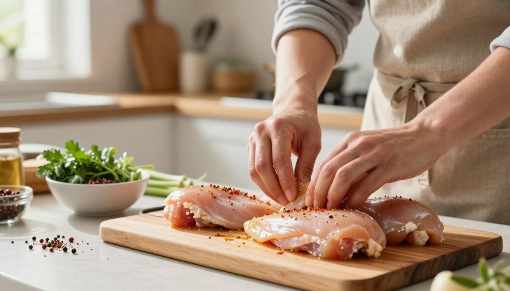 A kitchen scene with a focus on raw chicken breast being prepared for cooking. In the foreground, a cutting board with several chicken breasts is showcased, some being marinated with spices. The chef, wearing a neat apron and smart casual clothing, is gently massaging the marinade into the meat, emphasizing the importance of preparation for flavor and juiciness. In the middle ground, a bowl filled with fresh herbs and spices adds color and texture. The background features a softly lit kitchen with utensils and ingredients subtly blurred to create depth. The atmosphere is warm and inviting, with natural light streaming in through a nearby window, creating a homey and welcoming ambiance. The overall focus is on the preparation techniques being demonstrated.