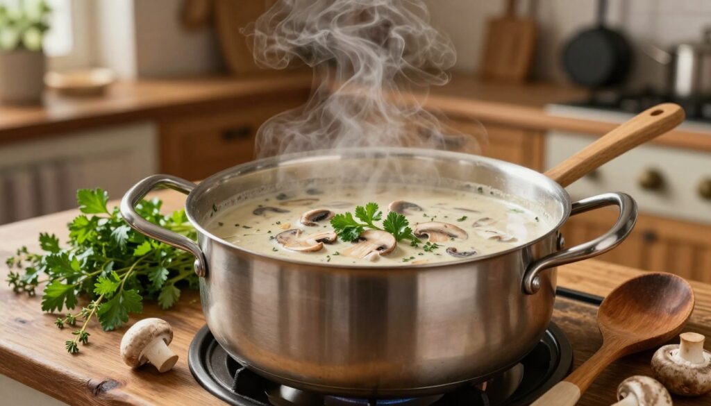A large stainless steel pot filled with creamy mushroom soup simmering gently on a rustic wooden stove. Fresh herbs like parsley and thyme are scattered around the pot, adding vibrant green to the scene. The foreground showcases a wooden spoon resting on the edge of the pot, with a few whole mushrooms nearby, hinting at the fresh ingredients used. The middle ground features soft steam wafting up from the pot, creating a cozy atmosphere. In the background, a warm kitchen with soft lighting illuminates wooden cabinets and hanging pots, enhancing the inviting feel of homemade cooking. The image conveys warmth, comfort, and a sense of culinary tradition, capturing the essence of preparing a delicious mushroom soup.