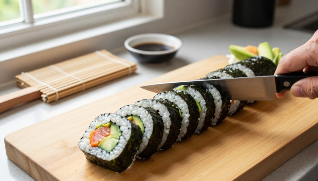 A meticulous sushi roll being sliced into equal pieces on a wooden cutting board, with a sharp knife gliding effortlessly through the rice and nori layers. The foreground features the vibrant colors of the sushi roll, showcasing fresh ingredients like avocado, cucumber, and seafood. In the middle background, a well-organized countertop adorned with sushi-making tools, such as a bamboo mat and a small bowl of soy sauce. Natural light streams in from a nearby window, creating a warm and inviting atmosphere. The angle is slightly elevated, capturing the action of cutting, with a focus on the knife and the precise alignment of the sushi pieces. The overall mood is calm and focused, reflecting the art of sushi preparation. A meticulous sushi roll being sliced into equal pieces on a wooden cutting board, with a sharp knife gliding effortlessly through the rice and nori layers. The foreground features the vibrant colors of the sushi roll, showcasing fresh ingredients like avocado, cucumber, and seafood. In the middle background, a well-organized countertop adorned with sushi-making tools, such as a bamboo mat and a small bowl of soy sauce. Natural light streams in from a nearby window, creating a warm and inviting atmosphere. The angle is slightly elevated, capturing the action of cutting, with a focus on the knife and the precise alignment of the sushi pieces. The overall mood is calm and focused, reflecting the art of sushi preparation.