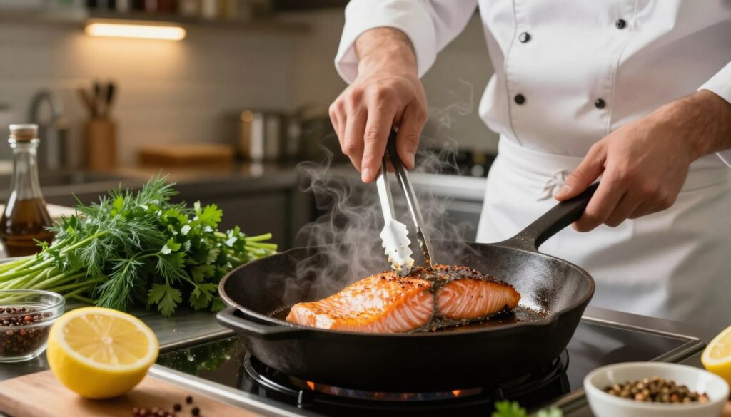 A professional kitchen setting showcasing a cook skillfully frying skinless salmon fillets in a well-seasoned cast iron skillet. In the foreground, the golden-brown fillets sizzle gently, releasing aromatic steam, while the chef, dressed in a crisp white uniform and apron, uses tongs to carefully flip the fish. The middle ground features vibrant fresh herbs like dill and parsley scattered around, along with a small bowl of lemon wedges and spices. In the background, the kitchen is well-lit with warm, inviting overhead lights that create a cozy atmosphere. The angle captures the action from slightly above, emphasizing the texture of the salmon and the professional environment, evoking a sense of warmth and culinary expertise.