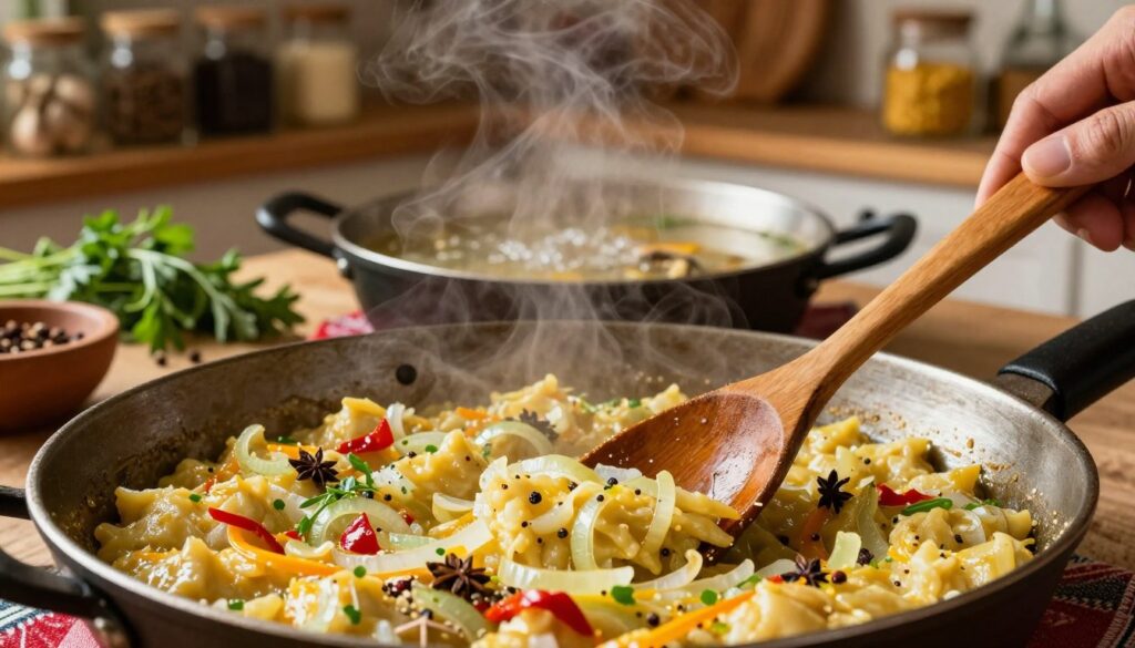 A rich, flavorful zasmażka for flaczki, showcasing a vibrant mix of sautéed onions, garlic, and spices, with hints of paprika. In the foreground, a close-up view of a wooden spoon stirring the mixture in a rustic skillet, with steam rising above, creating a warm and inviting atmosphere. The middle layer features a pot of bubbling, aromatic flaki (tripe soup) in a traditional Polish setting, surrounded by fresh herbs and spices scattered around. In the background, a cozy kitchen with wooden shelves holding jars of spices and ingredients, softly lit by warm, golden lighting. The scene should convey a sense of tradition and comfort, evoking the essence of home-cooked meals.