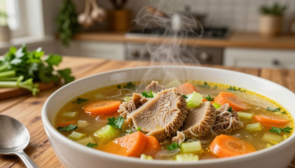A rich, steaming bowl of traditional Polish flaki soup, vividly showcasing tender, sliced tripe gently immersed in a flavorful vegetable broth. The foreground features the soup adorned with colorful, fresh vegetables like carrots, parsley, and celery, creating a vibrant contrast against the golden broth. The middle layer includes a rustic wooden table, scattered with cooking utensils and fresh herbs, inviting warmth and home-cooked charm. In the background, a softly lit kitchen setting with hanging garlic and herbal bundles creates an inviting atmosphere. The image captures warm, ambient lighting that highlights the soup's rich texture and simmering steam, evoking a cozy, inviting mood. A close-up angle emphasizes the details of the ingredients, enhancing the essence of a traditional culinary experience.