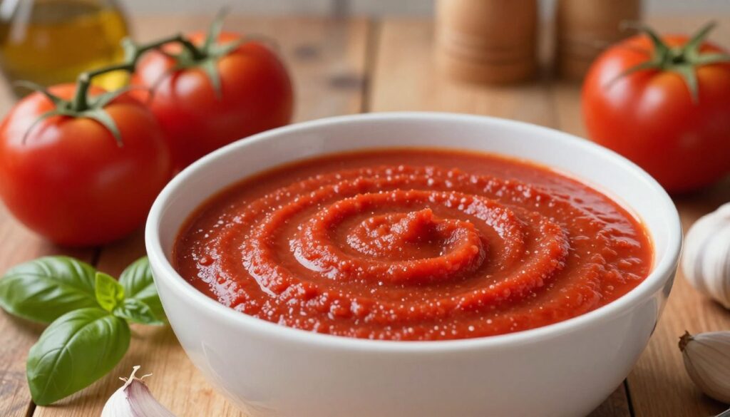 A rich, vibrant bowl of tomato puree suitable for soup, displayed prominently in the foreground. The puree, a deep red color with a smooth texture, glistens under soft, warm lighting that enhances its freshness. Surrounding the bowl are fresh tomatoes, a sprig of basil, and garlic cloves artfully arranged to create an inviting atmosphere. In the background, a rustic wooden kitchen table with subtle kitchenware suggests a homely cooking environment, softly blurred to emphasize the puree. The image is captured from a slightly elevated angle, providing a clear view of the puree while evoking a sense of warmth and comfort, ideal for a delicious homemade soup. A rich, vibrant bowl of tomato puree suitable for soup, displayed prominently in the foreground. The puree, a deep red color with a smooth texture, glistens under soft, warm lighting that enhances its freshness. Surrounding the bowl are fresh tomatoes, a sprig of basil, and garlic cloves artfully arranged to create an inviting atmosphere. In the background, a rustic wooden kitchen table with subtle kitchenware suggests a homely cooking environment, softly blurred to emphasize the puree. The image is captured from a slightly elevated angle, providing a clear view of the puree while evoking a sense of warmth and comfort, ideal for a delicious homemade soup.