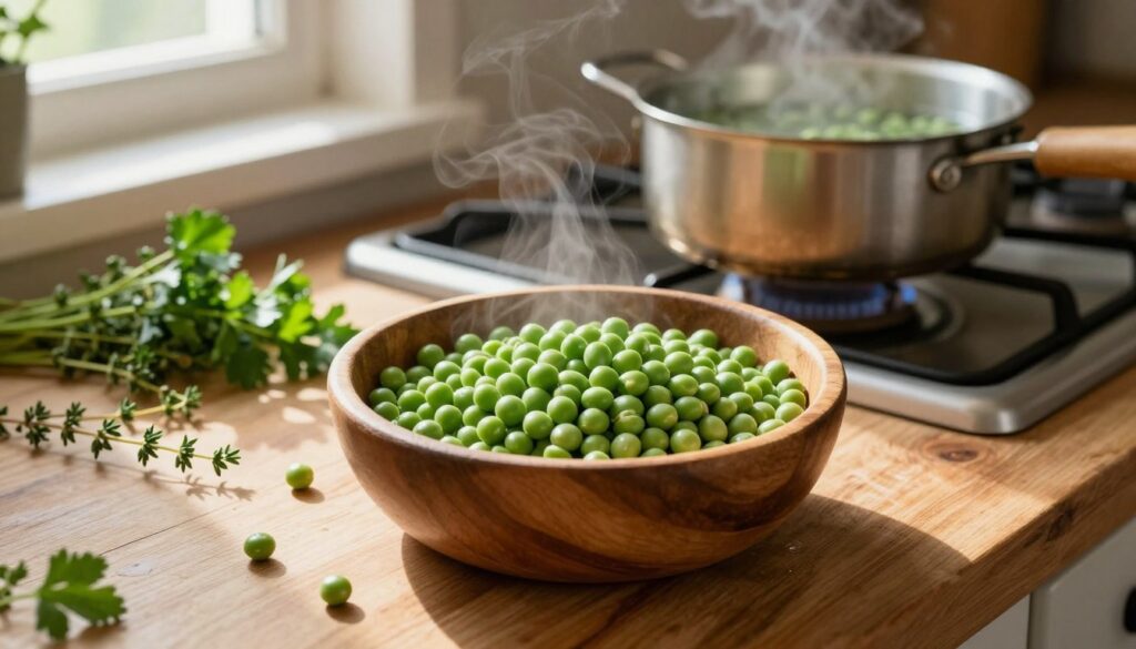 A rustic kitchen countertop with a close-up view of dried peas in a wooden bowl, surrounded by a small pot filled with soaking water. In the background, a vintage stovetop with a pot simmering on low heat, releasing gentle steam. Sunlight streams through a nearby window, casting warm light across the scene, highlighting the natural textures of the wood and the vibrant green color of the peas. Include fresh herbs like thyme and parsley lightly scattered around, enhancing the homely atmosphere. The focus is on the soaking peas, evoking a sense of preparation and anticipation, perfect for illustrating the cooking process. Capture the cozy, inviting mood of a home kitchen, ideal for an article on cooking split peas. A rustic kitchen countertop with a close-up view of dried peas in a wooden bowl, surrounded by a small pot filled with soaking water. In the background, a vintage stovetop with a pot simmering on low heat, releasing gentle steam. Sunlight streams through a nearby window, casting warm light across the scene, highlighting the natural textures of the wood and the vibrant green color of the peas. Include fresh herbs like thyme and parsley lightly scattered around, enhancing the homely atmosphere. The focus is on the soaking peas, evoking a sense of preparation and anticipation, perfect for illustrating the cooking process. Capture the cozy, inviting mood of a home kitchen, ideal for an article on cooking split peas.
