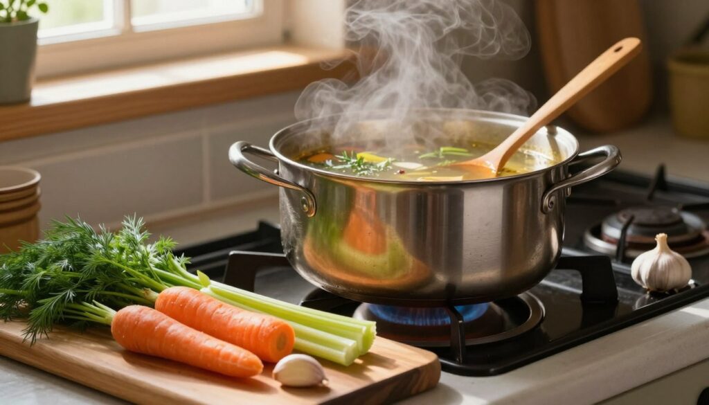 A rustic kitchen scene featuring a pot of homemade broth simmering on a vintage stove, with steam gently rising from the surface. In the foreground, a wooden cutting board displays fresh ingredients: vibrant dill, chopped carrots, celery, and garlic cloves, adding color and texture to the composition. The middle ground showcases the pot filled with a rich, golden broth, reflecting hints of herbs and spices, with a wooden spoon resting nearby. In the background, warm sunlight filters through a window, casting a soft glow that enhances the cozy, inviting atmosphere. The overall mood is homely and comforting, evoking the essence of traditional Polish cooking. The image should be well-lit, with a shallow depth of field to focus on the pot and ingredients, capturing the essence of a heartfelt culinary experience.