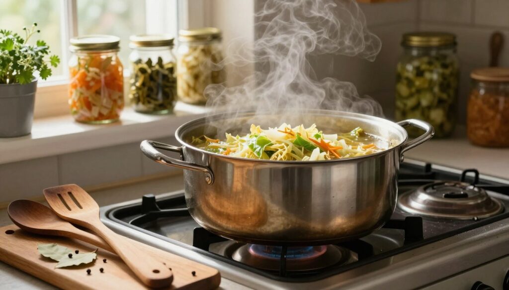A rustic kitchen scene featuring a pot of simmering sauerkraut on a classic stove, with steam gently rising from the pot. In the foreground, wooden utensils and a cutting board scattered with spices like bay leaves and black peppercorns enhance the cooking atmosphere. The middle ground showcases the pot brimming with chopped cabbage simmering in a rich broth, reflecting the vibrant green and golden hues of the ingredients. Soft, natural light filters in through a window, illuminating the scene and creating a warm, inviting feel. In the background, shelves lined with jars of pickled vegetables and herbs give the kitchen a homely charm, evoking the essence of traditional cooking methods. The overall mood is cozy and rustic, embodying the essence of preparing homemade sauerkraut. A rustic kitchen scene featuring a pot of simmering sauerkraut on a classic stove, with steam gently rising from the pot. In the foreground, wooden utensils and a cutting board scattered with spices like bay leaves and black peppercorns enhance the cooking atmosphere. The middle ground showcases the pot brimming with chopped cabbage simmering in a rich broth, reflecting the vibrant green and golden hues of the ingredients. Soft, natural light filters in through a window, illuminating the scene and creating a warm, inviting feel. In the background, shelves lined with jars of pickled vegetables and herbs give the kitchen a homely charm, evoking the essence of traditional cooking methods. The overall mood is cozy and rustic, embodying the essence of preparing homemade sauerkraut.