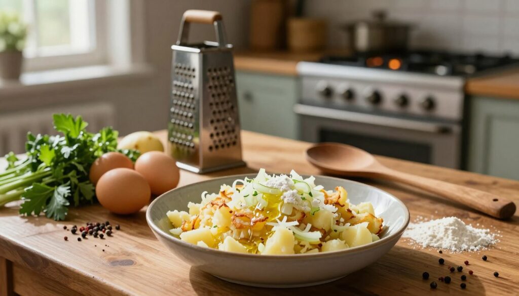 A rustic kitchen scene featuring a wooden table filled with fresh ingredients to prepare potato pancakes. In the foreground, a bowl of grated potatoes mixed with onions, eggs, and flour, glistening with oil, captures attention. Brightly colored herbs and spices surround the bowl, enhancing the visual appeal. In the middle, a vintage grater and a wooden spoon add a touch of authenticity, while the background showcases a softly glowing stove. Warm, natural light filters through a nearby window, illuminating the workspace and creating inviting highlights and shadows. The atmosphere feels homely and cozy, inspiring a sense of culinary creativity, inviting viewers to indulge in the process of making crispy potato pancakes. A rustic kitchen scene featuring a wooden table filled with fresh ingredients to prepare potato pancakes. In the foreground, a bowl of grated potatoes mixed with onions, eggs, and flour, glistening with oil, captures attention. Brightly colored herbs and spices surround the bowl, enhancing the visual appeal. In the middle, a vintage grater and a wooden spoon add a touch of authenticity, while the background showcases a softly glowing stove. Warm, natural light filters through a nearby window, illuminating the workspace and creating inviting highlights and shadows. The atmosphere feels homely and cozy, inspiring a sense of culinary creativity, inviting viewers to indulge in the process of making crispy potato pancakes.