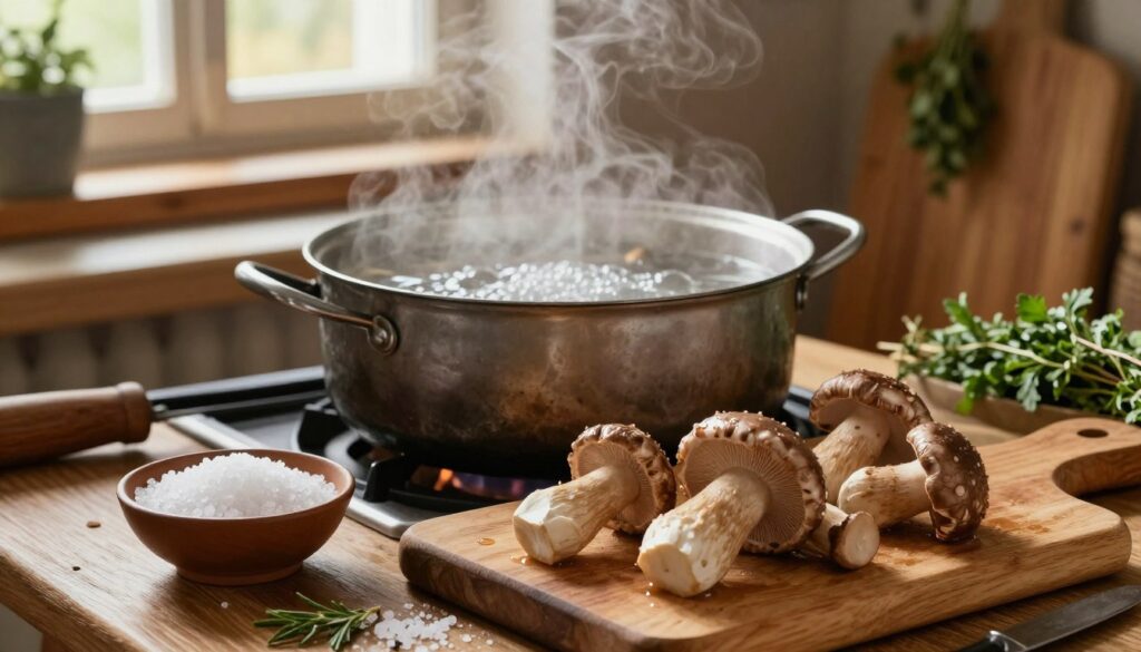 A rustic kitchen scene showcasing the preparation of wild mushrooms known as opienki in salted water. In the foreground, a wooden cutting board is adorned with fresh, cleaned mushrooms, their delicate caps glistening with moisture. Nearby, a bowl of coarse sea salt sits ready for use. In the middle ground, a pot filled with bubbling seawater simmers on a vintage stove, steam rising gently. The background features warm, soft lighting filtering through a window, casting a cozy glow over the natural wood furnishings and hanging herbs. The atmosphere is one of tranquility and home-cooked charm, reflecting a love for traditional culinary practices. The composition captures an inviting, artisanal vibe without any text or captions.