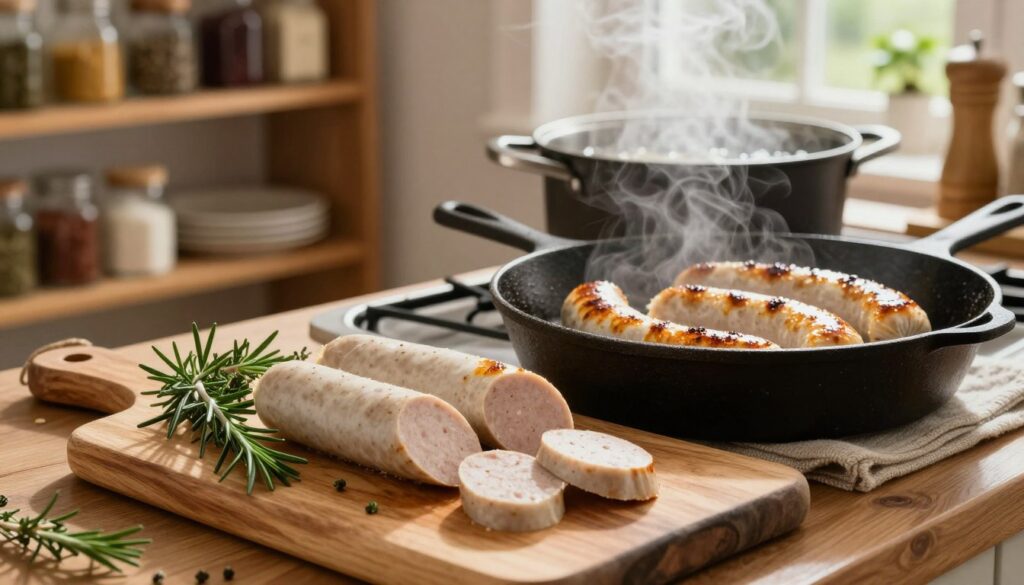 A rustic kitchen scene showcasing various innovative methods of preparing white sausage. In the foreground, a beautifully arranged wooden cutting board displays slices of succulent white sausage alongside sprigs of fresh herbs like rosemary and thyme. In the middle, a cast iron skillet sizzles gently with sausages being pan-seared, emitting a golden, appetizing glow. A pot of boiling water is visible, steam rising in the background, hinting at the traditional cooking method. Soft, natural lighting illuminates the room, creating a warm and inviting atmosphere, with wooden shelves filled with spices and condiments. The angle captures the depth of the kitchen, drawing the viewer's eyes toward the delicious preparation of the sausage, conveying a sense of culinary creativity and homely comfort. A rustic kitchen scene showcasing various innovative methods of preparing white sausage. In the foreground, a beautifully arranged wooden cutting board displays slices of succulent white sausage alongside sprigs of fresh herbs like rosemary and thyme. In the middle, a cast iron skillet sizzles gently with sausages being pan-seared, emitting a golden, appetizing glow. A pot of boiling water is visible, steam rising in the background, hinting at the traditional cooking method. Soft, natural lighting illuminates the room, creating a warm and inviting atmosphere, with wooden shelves filled with spices and condiments. The angle captures the depth of the kitchen, drawing the viewer's eyes toward the delicious preparation of the sausage, conveying a sense of culinary creativity and homely comfort.