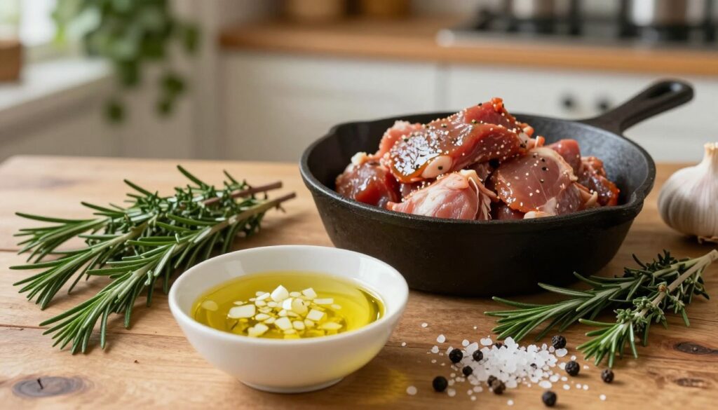 A rustic wooden table set with a variety of fresh ingredients for a universal meat marinade. In the foreground, a bowl filled with golden oil and finely chopped garlic cloves glistens under soft natural light. Scattered around are fresh herbs like rosemary and thyme, alongside coarse sea salt and black peppercorns, creating an inviting arrangement. In the middle, a dark cast iron bowl displays marinated pieces of meat, showcasing a glossy sheen, hinting at tenderness and flavor. The background features a blurred kitchen setting with herbs hanging, adding warmth. The atmosphere is cozy and homely, evoking a sense of culinary experimentation, perfect for an article on creating flavorful marinades. The focus is sharp on the marinade ingredients, with a soft bokeh effect enhancing the overall image.