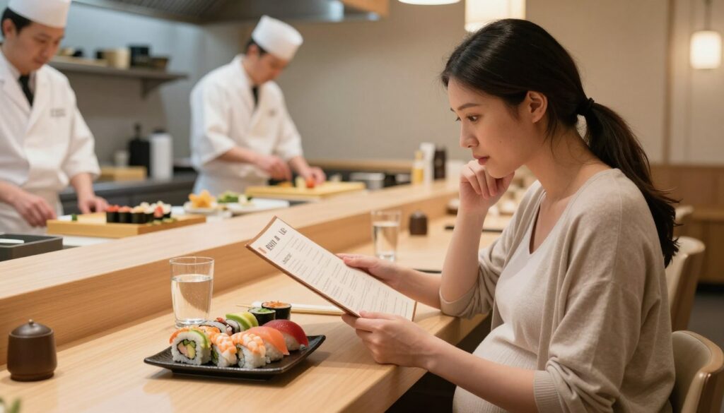 A serene dining scene focused on a pregnant woman safely ordering sushi in a cozy, well-lit restaurant. In the foreground, the woman, dressed in modest casual attire, thoughtfully examines a sushi menu while seated at a wooden table. Her face reflects a blend of curiosity and care. In the middle, an assortment of colorful, freshly prepared sushi rolls and a clear glass of water sit invitingly on the table, emphasizing safe choices like cooked shrimp and avocado. In the background, chefs are working in a clean, organized kitchen, showcasing attention to hygiene and safety. Soft, warm lighting enhances the inviting atmosphere, while a gentle focus draws the viewer's eye to the woman’s contemplation of her meal choices. A serene dining scene focused on a pregnant woman safely ordering sushi in a cozy, well-lit restaurant. In the foreground, the woman, dressed in modest casual attire, thoughtfully examines a sushi menu while seated at a wooden table. Her face reflects a blend of curiosity and care. In the middle, an assortment of colorful, freshly prepared sushi rolls and a clear glass of water sit invitingly on the table, emphasizing safe choices like cooked shrimp and avocado. In the background, chefs are working in a clean, organized kitchen, showcasing attention to hygiene and safety. Soft, warm lighting enhances the inviting atmosphere, while a gentle focus draws the viewer's eye to the woman’s contemplation of her meal choices.