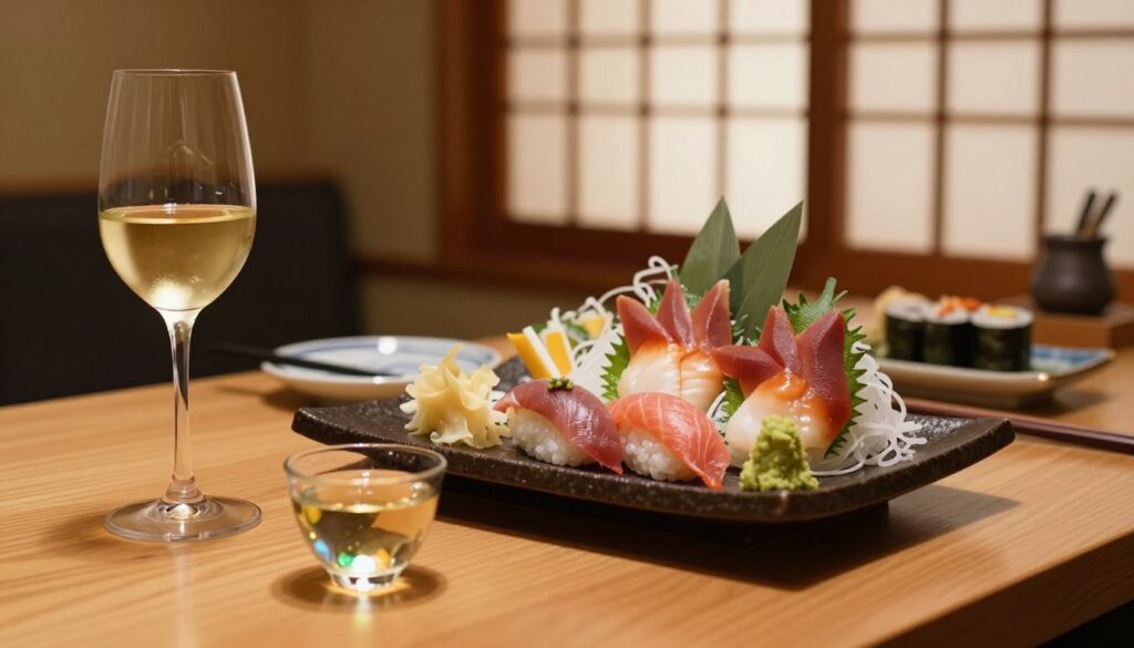 A sophisticated dining table set with a beautifully arranged sushi platter featuring various types of sushi, such as nigiri, maki, and sashimi, meticulously garnished with wasabi and ginger. In the foreground, a glass of crisp white wine and a small, elegant sake cup are artfully placed, reflecting the intricate colors of the food. The background shows a softly lit Japanese-style dining room, with shoji screens casting gentle patterns of light and shadow. The overall atmosphere is inviting and serene, suggesting a harmonious pairing of flavors. The lighting is warm and ambient, enhancing the rich textures and colors of the sushi and the wine, as if inviting the viewer to indulge in the culinary experience. The composition is captured from a slightly elevated angle for a dynamic perspective.