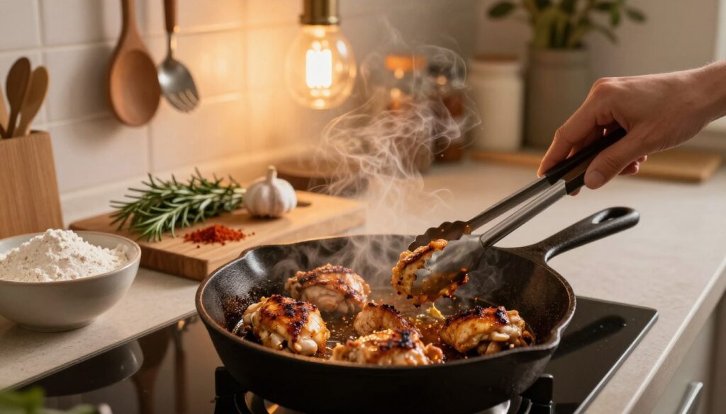 A step-by-step cooking scene of frying chicken on a skillet. In the foreground, a seasoned cast iron skillet with beautifully browned chicken pieces sizzling, emitting light golden steam. A pair of tongs rests beside the skillet, ready to turn the meat. In the middle background, a wooden cutting board holds fresh herbs and spices, such as rosemary, garlic, and paprika. On the left, a bowl of seasoned flour is prepared for dredging. The background features a warm, cozy kitchen with soft pendant lighting casting a gentle glow, and the walls adorned with kitchen tools. The atmosphere is inviting and homely, emphasizing the artistry of cooking well-prepared chicken. The photo is taken from a slightly elevated angle, showcasing the delicious details of the frying process.