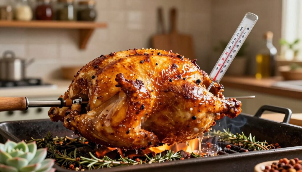 A succulent chicken on a rotisserie, slowly spinning over an open flame, with golden-brown crispy skin glistening in the light. The right side of the image captures a thermometer inserted into the thickest part of the chicken, displaying the ideal cooking temperature. Juices drip onto a bed of aromatic herbs and spices beneath, enhancing the rich flavors. In the background, a rustic kitchen with wooden shelves filled with spices and cooking utensils adds warmth to the scene. Soft, natural lighting creates a cozy atmosphere, casting gentle shadows that highlight the textures of the chicken. The focus is on the savory details, evoking the anticipation of ready-to-eat, perfectly cooked rotisserie chicken.