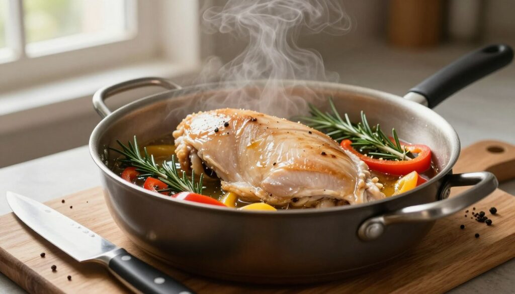 A tender chicken breast gently simmering in a saucepan, surrounded by fresh herbs and vegetables like rosemary, thyme, and sliced bell peppers. The chicken is perfectly cooked, glistening with moisture, showcasing juicy texture. In the foreground, a wooden cutting board holds a sharp chef's knife and scattered spices, hinting at preparation. In the middle, the focus is on the saucepan with steam rising, creating a cozy atmosphere. The background features a soft-focus kitchen environment with warm, natural light coming through a window, enhancing the inviting mood. The image captures the essence of cooking with care, emphasizing the importance of not overcooking the chicken, ensuring it remains juicy.