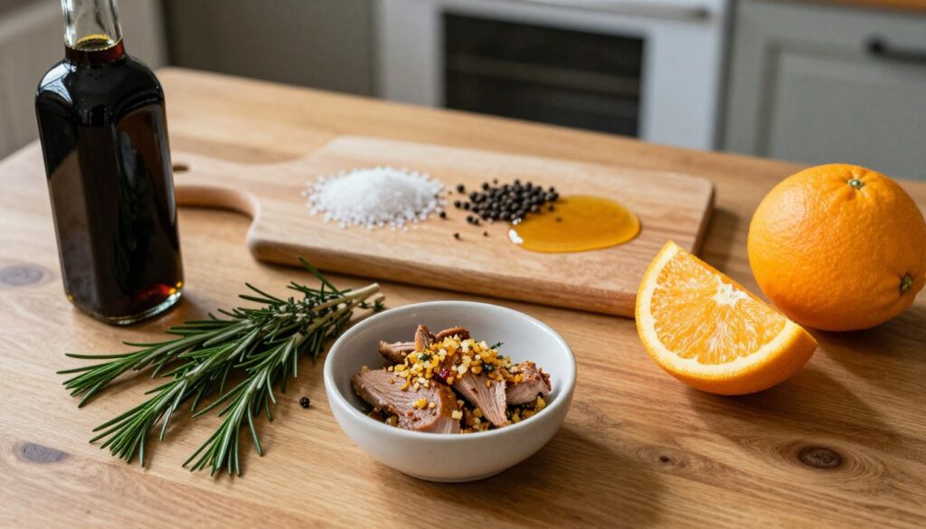 A top-down view of a wooden kitchen table featuring an array of ingredients for a duck breast marinade. In the foreground, showcase a small bowl filled with crushed garlic, alongside fresh rosemary and thyme, vibrant oranges cut into wedges, and a bottle of balsamic vinegar casting gentle shadows. The middle section includes a cutting board with coarse sea salt, freshly ground black pepper, and a drizzle of honey, all artfully arranged. In the background, a blurred image of a kitchen setting with warm, inviting lighting. Aim for a rustic yet elegant atmosphere, emphasizing the rich textures and colors of the ingredients. Use soft focus and natural light to create a cozy, culinary feel.