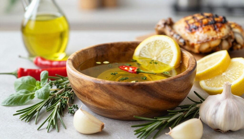 A vibrant, Mediterranean marinade featuring a rich, golden olive oil glistening under soft, natural light. In the foreground, fresh herbs like rosemary, thyme, and oregano are artfully arranged alongside peeled garlic cloves, enhancing the visual appeal. The middle ground showcases a rustic wooden bowl filled with the marinade, surrounded by slices of lemon and chili peppers for a pop of color. The background features a blurred, sunlit kitchen setting, evoking a warm, inviting atmosphere, perfect for cooking. The composition captures the essence of a flavorful, aromatic recipe, inviting the viewer to imagine the delicious grilled chicken that awaits. The overall mood is fresh and appetizing, with a focus on vibrant colors and natural textures.