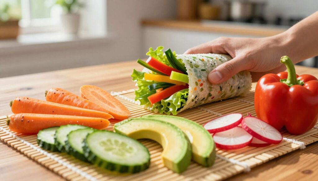 A vibrant and appetizing scene featuring a variety of colorful vegetables ideal for sushi, arranged artistically on a bamboo mat. In the foreground, fresh, sliced cucumbers, carrots, and avocado are beautifully displayed alongside pickled radishes and vibrant bell peppers. In the middle, a delicate hand rolls a sushi wrap with these vegetables, showcasing the preparation process. The background features a softly blurred wooden table, enhancing the home kitchen ambiance. Natural light filters through a nearby window, casting gentle shadows and creating a warm, inviting atmosphere. The focus is sharp on the vegetables and sushi roll, reflecting freshness and creativity in home cooking. The overall mood is cheerful and culinary, perfect for inspiring sushi enthusiasts. A vibrant and appetizing scene featuring a variety of colorful vegetables ideal for sushi, arranged artistically on a bamboo mat. In the foreground, fresh, sliced cucumbers, carrots, and avocado are beautifully displayed alongside pickled radishes and vibrant bell peppers. In the middle, a delicate hand rolls a sushi wrap with these vegetables, showcasing the preparation process. The background features a softly blurred wooden table, enhancing the home kitchen ambiance. Natural light filters through a nearby window, casting gentle shadows and creating a warm, inviting atmosphere. The focus is sharp on the vegetables and sushi roll, reflecting freshness and creativity in home cooking. The overall mood is cheerful and culinary, perfect for inspiring sushi enthusiasts.
