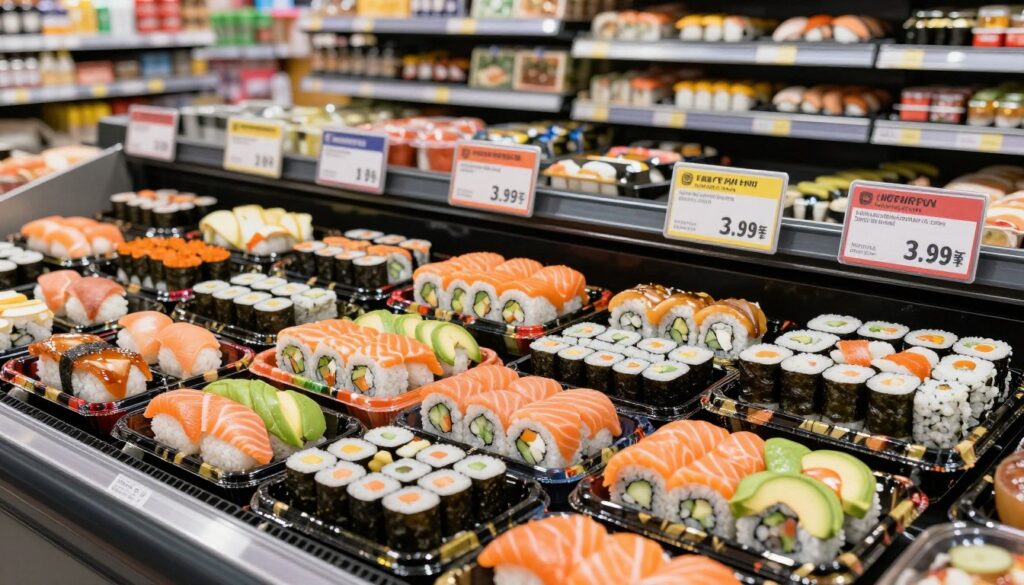 A vibrant and detailed display of sushi sets from a supermarket, focusing on various factors influencing their price. In the foreground, include an array of beautifully arranged sushi platters with colorful, fresh ingredients like salmon, avocado, and cucumber, showcasing different types such as nigiri and maki rolls. In the middle ground, incorporate elements like packaging, price tags, and promotional labels to indicate cost factors. In the background, depict a well-lit supermarket aisle with shelves stacked with sushi items. The lighting is bright and inviting, giving a sense of freshness and quality. The overall atmosphere is professional and informative, reflecting a grocery shopping experience, without any people, ensuring a clear focus on the sushi sets.