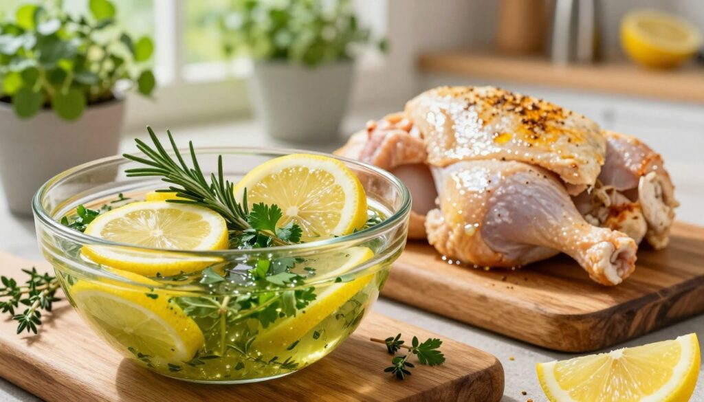 A vibrant and fresh scene showcasing a bowl of lemon-herb marinade for chicken. In the foreground, a shiny glass bowl filled with a thick, zesty marinade infused with fresh herbs like thyme, rosemary, and parsley, with vibrant yellow lemon slices for a pop of color. The middle ground features whole raw chicken pieces ready to be marinated, glistening with oil and spice, set on a rustic wooden cutting board. In the background, a softly blurred outdoor kitchen setting adorned with fresh herbs in pots and kitchen utensils, with soft daylight streaming in, creating a warm, inviting atmosphere. The scene should evoke a sense of freshness and mouthwatering anticipation for a flavorful grilled chicken dish.