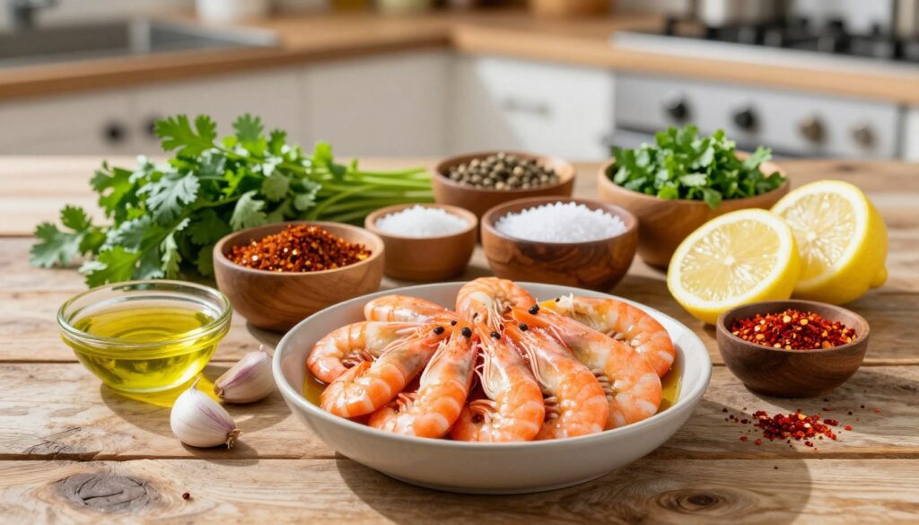 A vibrant and inviting arrangement of shrimp marinade ingredients, elegantly displayed on a rustic wooden table. In the foreground, a beautifully arranged bowl filled with fresh shrimp, glistening with moisture. Surrounding the shrimp, a variety of colorful condiments: a small dish of olive oil, fresh garlic cloves, zesty lemon halves, chopped fresh herbs like cilantro and parsley, and red chili flakes for a hint of spice. In the middle, an assortment of spices in wooden bowls, including salt and pepper, creates a rich texture. The background features a blurred glimpse of a sunny kitchen, enhancing the warmth of the scene. Soft, natural light casts gentle shadows, creating an inviting atmosphere ideal for culinary exploration and freshness. The composition captures the essence of a simple yet flavorful marinade, perfect for seafood lovers. A vibrant and inviting arrangement of shrimp marinade ingredients, elegantly displayed on a rustic wooden table. In the foreground, a beautifully arranged bowl filled with fresh shrimp, glistening with moisture. Surrounding the shrimp, a variety of colorful condiments: a small dish of olive oil, fresh garlic cloves, zesty lemon halves, chopped fresh herbs like cilantro and parsley, and red chili flakes for a hint of spice. In the middle, an assortment of spices in wooden bowls, including salt and pepper, creates a rich texture. The background features a blurred glimpse of a sunny kitchen, enhancing the warmth of the scene. Soft, natural light casts gentle shadows, creating an inviting atmosphere ideal for culinary exploration and freshness. The composition captures the essence of a simple yet flavorful marinade, perfect for seafood lovers.