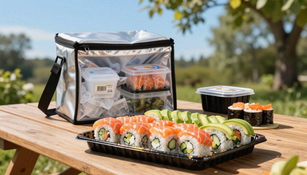 A vibrant and inviting scene depicting a wooden picnic table set outdoors under a bright blue sky, showcasing various sushi rolls arranged artfully on a large platter. The foreground features a close-up of a beautifully presented sushi selection, with colorful ingredients like salmon, avocado, and cucumber, glistening under the warm sunlight. In the middle, an insulated bag sits open, displaying ice packs and container options for safely transporting sushi, emphasizing safety during hot weather. The background is filled with greenery, suggesting a relaxed outdoor environment, with dappled sunlight filtering through leaves. The overall mood is cheerful and fresh, capturing the essence of enjoying sushi while ensuring proper storage in warm temperatures. A vibrant and inviting scene depicting a wooden picnic table set outdoors under a bright blue sky, showcasing various sushi rolls arranged artfully on a large platter. The foreground features a close-up of a beautifully presented sushi selection, with colorful ingredients like salmon, avocado, and cucumber, glistening under the warm sunlight. In the middle, an insulated bag sits open, displaying ice packs and container options for safely transporting sushi, emphasizing safety during hot weather. The background is filled with greenery, suggesting a relaxed outdoor environment, with dappled sunlight filtering through leaves. The overall mood is cheerful and fresh, capturing the essence of enjoying sushi while ensuring proper storage in warm temperatures.