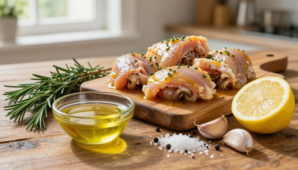 A vibrant display of ingredients for a homemade chicken marinade, beautifully arranged on a rustic wooden table. In the foreground, a small bowl of olive oil glistens next to freshly chopped herbs like rosemary and thyme. A halved lemon, garlic cloves, and a sprinkle of coarse sea salt and black pepper spread out around the bowl, creating a harmonious composition. In the middle, a wooden cutting board showcases raw chicken pieces marinated in a rich mixture, reflecting a golden hue. The background features blurred kitchen utensils and a gently lit window, bathing the scene in warm, natural light. The atmosphere exudes freshness and homeliness, inviting the viewer into the cooking process.