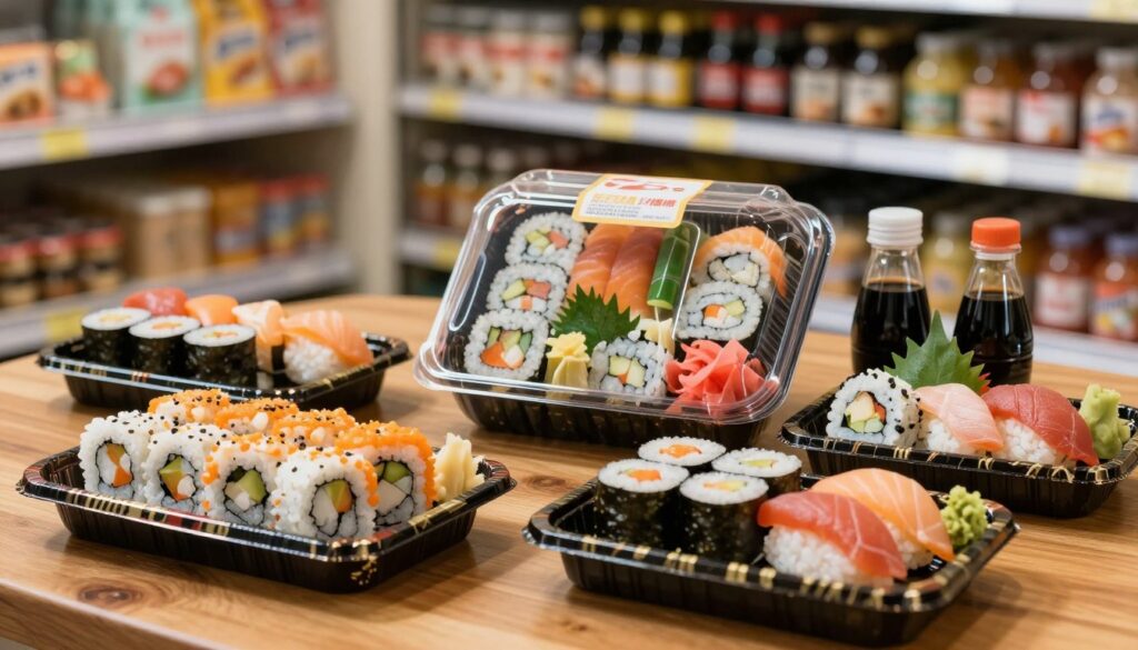 A vibrant display of ready-made sushi sets from a grocery store, beautifully arranged on a wooden table. In the foreground, various sushi rolls, including California rolls, nigiri, and sashimi, are elegantly presented on a decorative platter with colorful garnishes. The middle ground features a neatly packaged sushi set with transparent wrapping, showcasing the fresh ingredients inside. In the background, soft-focus shelves of sushi-related items, such as soy sauce, pickled ginger, and wasabi, add context to the setting. The lighting is warm and inviting, creating a cozy atmosphere, while a shallow depth of field highlights the delicious sushi. Capture the essence of convenience and quality that comes with grocery store sushi offerings, suitable for a takeaway meal.