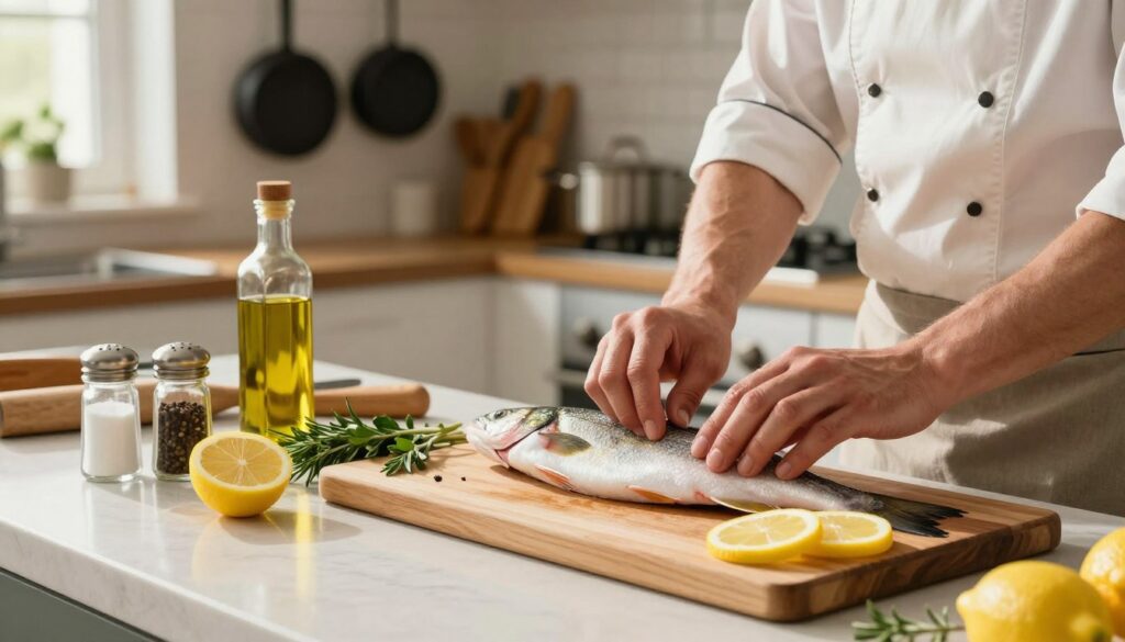 A vibrant kitchen setting filled with the warm glow of soft, natural light illuminating a countertop. In the foreground, a chef in modest casual attire carefully prepares a delicate fish, miętus, laying it flat on a wooden cutting board. The fish is gleaming, freshly cleaned, with aromatic herbs and slices of lemon arranged beside it, enhancing the scene. The middle area shows an array of kitchen tools and spices, such as salt, pepper, and olive oil, creating an inviting culinary atmosphere. In the background, a well-organized kitchen, complete with pots and pans hanging, adds depth. The overall mood is calm and focused, showcasing the art of fish preparation in a warm and inviting ambiance.