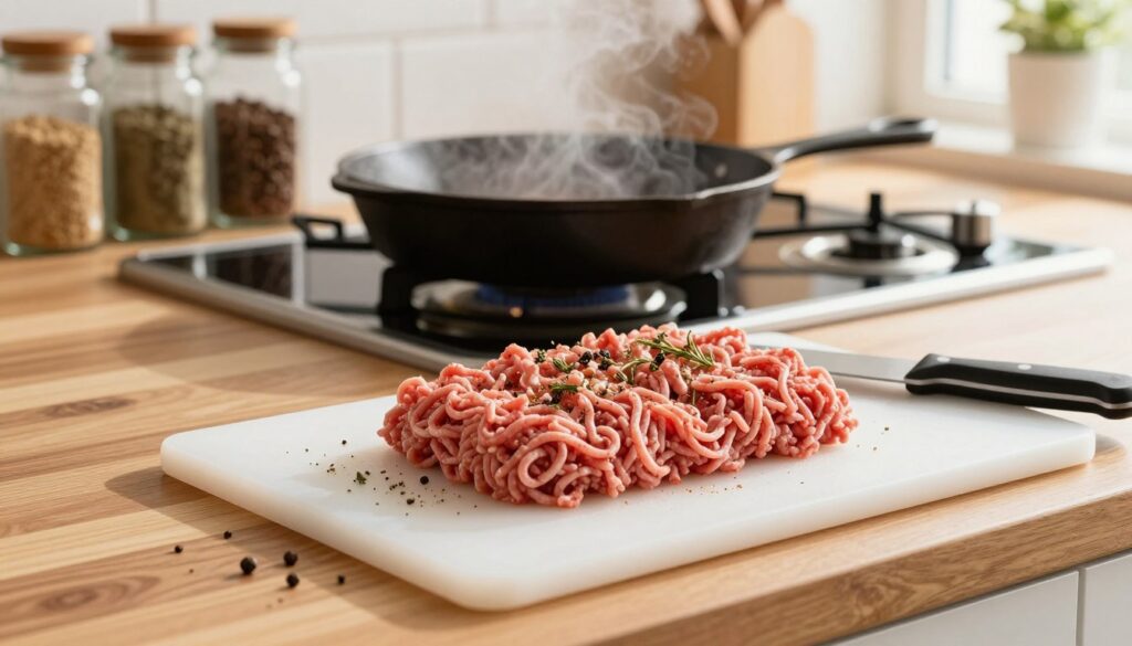 A vibrant kitchen setting, showcasing a wooden countertop with seasoned ground meat ready for cooking. In the foreground, a clean white cutting board holds the freshly prepared ground meat, dotted with herbs and spices to enhance flavor. A sharp knife, partially resting on the board, adds a touch of realism. In the middle ground, a cast iron skillet sits on a modern stove, with subtle steam rising in anticipation of cooking. The background features neatly arranged spices in glass jars and a window letting in warm, natural light, creating a cozy, inviting atmosphere. The image should convey a sense of preparation and culinary excitement, capturing the essence of getting ready to cook delicious spaghetti sauce. A vibrant kitchen setting, showcasing a wooden countertop with seasoned ground meat ready for cooking. In the foreground, a clean white cutting board holds the freshly prepared ground meat, dotted with herbs and spices to enhance flavor. A sharp knife, partially resting on the board, adds a touch of realism. In the middle ground, a cast iron skillet sits on a modern stove, with subtle steam rising in anticipation of cooking. The background features neatly arranged spices in glass jars and a window letting in warm, natural light, creating a cozy, inviting atmosphere. The image should convey a sense of preparation and culinary excitement, capturing the essence of getting ready to cook delicious spaghetti sauce.