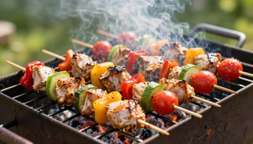 A vibrant outdoor barbecue scene showcasing skewers of marinated chicken and colorful vegetables like bell peppers, zucchini, and cherry tomatoes sizzling on a grill. In the foreground, focus on tender chicken pieces and fresh vegetables beautifully arranged on skewers, radiating a glossy marinade. The middle ground features a charcoal grill with smoke curling upwards, creating a warm, inviting atmosphere. In the background, blurred greenery hints at a sunny day, enhancing the outdoor feel. Use natural lighting to highlight the rich colors and textures of the food. Capture the image at a slightly elevated angle to provide a dynamic viewpoint, evoking a sense of joy and appetite, perfect for a summer gathering. The overall mood should be cheerful and appetizing, enticing viewers to enjoy grilling. A vibrant outdoor barbecue scene showcasing skewers of marinated chicken and colorful vegetables like bell peppers, zucchini, and cherry tomatoes sizzling on a grill. In the foreground, focus on tender chicken pieces and fresh vegetables beautifully arranged on skewers, radiating a glossy marinade. The middle ground features a charcoal grill with smoke curling upwards, creating a warm, inviting atmosphere. In the background, blurred greenery hints at a sunny day, enhancing the outdoor feel. Use natural lighting to highlight the rich colors and textures of the food. Capture the image at a slightly elevated angle to provide a dynamic viewpoint, evoking a sense of joy and appetite, perfect for a summer gathering. The overall mood should be cheerful and appetizing, enticing viewers to enjoy grilling.