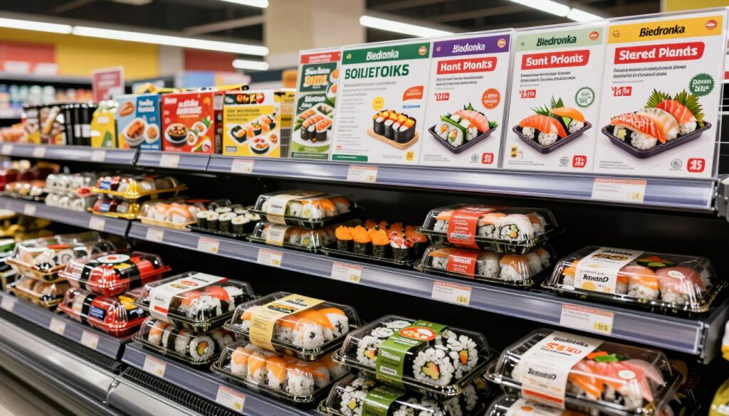 A vibrant supermarket aisle showcasing an array of sushi packages featured prominently in the foreground. The sushi is neatly arranged with colorful rolls, fresh sashimi, and beautifully designed packaging, highlighting the various promotional offers. In the middle ground, a display of Biedronka promotional flyers is fanned out, showcasing special deals and pricing on sushi sets. The background features bright supermarket lighting that creates an inviting atmosphere, enhancing the colors and textures of the sushi. The angle should be a slightly elevated view, allowing for a comprehensive look at both the products and promotional materials. The mood is lively and engaging, enticing viewers to explore the savings on sushi.