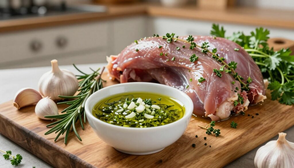A visually appealing arrangement focusing on a fresh marinade for rabbit meat. In the foreground, a rustic wooden cutting board holds a small bowl filled with a vibrant green marinade of olive oil, finely chopped garlic, and an assortment of fresh herbs like rosemary, thyme, and parsley. Next to the bowl, there's a selection of whole garlic cloves and sprigs of herbs, enhancing the natural textures. In the middle ground, tender rabbit pieces are marinated and glistening with the mixture, surrounded by more herbs. The background features a softly blurred kitchen setting with warm, natural lighting that creates a cozy, inviting atmosphere. The image captures the essence of aromatic flavors and a homely cooking environment, emphasizing a sense of culinary warmth and care.