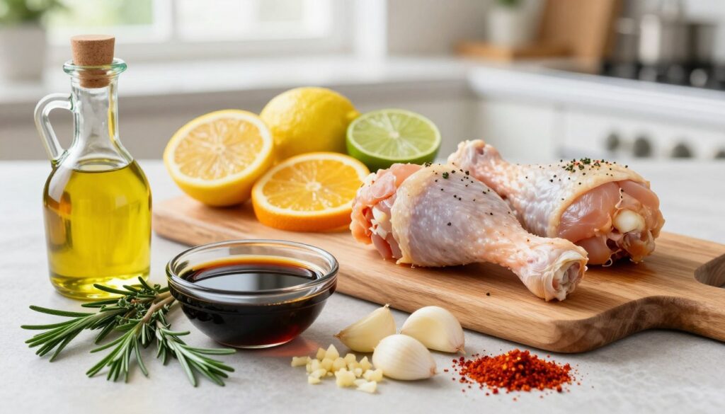 A visually appealing arrangement of marinade ingredients for chicken drumsticks, featuring an array of colorful spices and fresh herbs. In the foreground, display a small bottle of olive oil, a bowl of soy sauce, minced garlic cloves, and a sprinkle of paprika, with vibrant sprigs of rosemary and thyme artfully arranged nearby. In the middle, place a wooden cutting board with sliced citrus fruits like lemon and lime, showcasing their zest and freshness. The background should have a softly blurred kitchen setting, with natural light filtering through a window, creating a warm, inviting atmosphere. The overall mood should evoke a sense of culinary creativity, focusing on the vibrant colors and textures of the ingredients in a high-resolution image. A visually appealing arrangement of marinade ingredients for chicken drumsticks, featuring an array of colorful spices and fresh herbs. In the foreground, display a small bottle of olive oil, a bowl of soy sauce, minced garlic cloves, and a sprinkle of paprika, with vibrant sprigs of rosemary and thyme artfully arranged nearby. In the middle, place a wooden cutting board with sliced citrus fruits like lemon and lime, showcasing their zest and freshness. The background should have a softly blurred kitchen setting, with natural light filtering through a window, creating a warm, inviting atmosphere. The overall mood should evoke a sense of culinary creativity, focusing on the vibrant colors and textures of the ingredients in a high-resolution image.