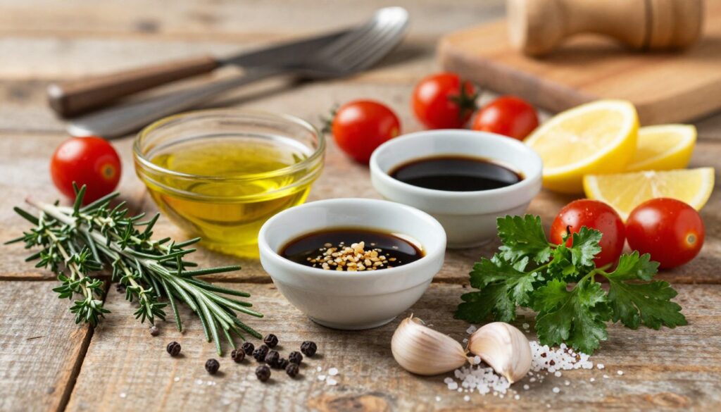 A visually appealing arrangement of marinade ingredients for meat preparation, beautifully staged on a rustic wooden table. In the foreground, highlight fresh herbs such as rosemary, thyme, and parsley, alongside whole peppercorns and sea salt. In the middle, showcase a small bowl filled with olive oil, another bowl with balsamic vinegar, and crushed garlic cloves. Around the scene, sprinkle scattered cherry tomatoes and lemon slices for a burst of color. In the background, softly blurred kitchen utensils and a faint silhouette of a wooden cutting board create a homey atmosphere. Use warm, natural lighting to evoke a cozy cooking environment, capturing the essence of flavorful marinades. The focus should be sharp on the ingredients while maintaining a slightly blurred background, creating depth.