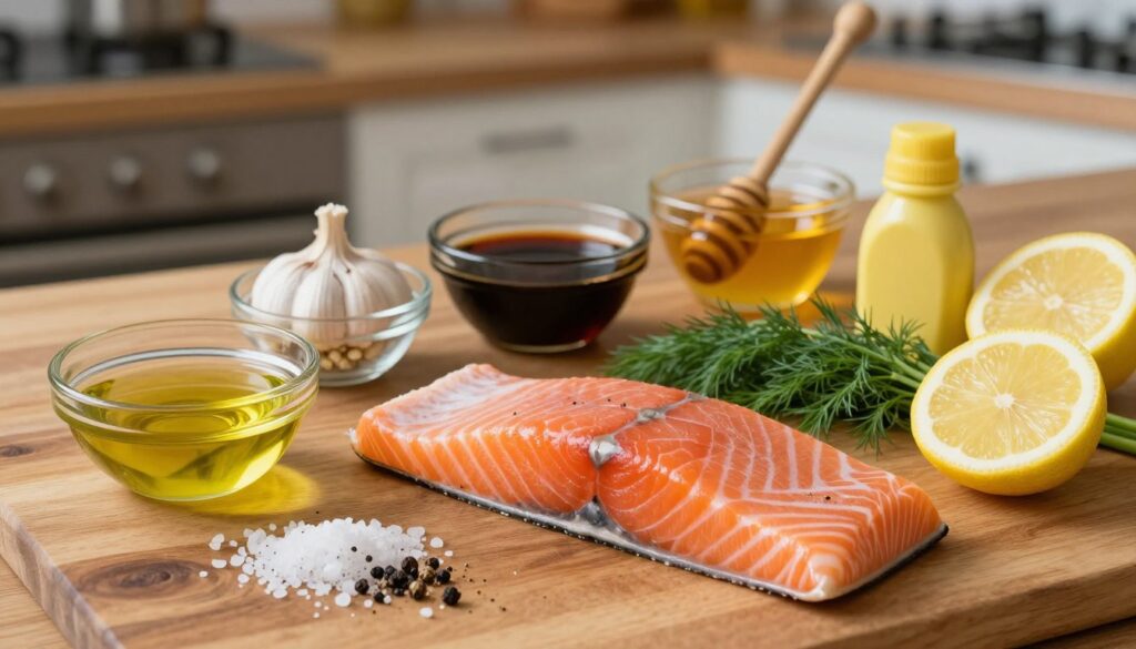 A visually appealing arrangement of salmon marinade ingredients on a wooden kitchen table. In the foreground, display a fresh fillet of salmon surrounded by vibrant elements: a small bowl of olive oil, a sprinkling of coarse sea salt, cracked black pepper, fresh dill sprigs, and slices of lemon. In the middle, feature additional ingredients like minced garlic, soy sauce, honey, and a hint of Dijon mustard in elegant glass containers. The background softly blurs into a rustic kitchen setting, with subtle ambient light highlighting the freshness of the ingredients. The atmosphere is inviting and warm, emphasizing a culinary creativity that inspires cooking. Use a slightly overhead angle to capture the entirety of the scene.