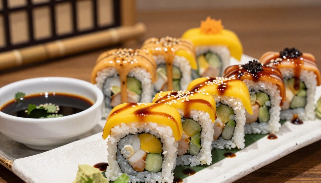 A visually appealing composition featuring an assortment of sushi rolls garnished with unique sauces: vibrant mango, rich miso, and smoky BBQ teriyaki. In the foreground, focus on a beautifully plated sushi roll, drizzled artistically with each of the three sauces, showcasing their distinct colors and textures. The middle ground should include a small bowl of each sauce, with bright garnishes like cilantro and sesame seeds, creating an enticing contrast. The background is softly blurred to emphasize the sushi while hinting at a Japanese-inspired dining setting with bamboo and subtle decor. Use soft, warm lighting to create an inviting atmosphere, with a slight overhead angle to capture the details of the sushi and sauces, inviting the viewer to appreciate this culinary delight. A visually appealing composition featuring an assortment of sushi rolls garnished with unique sauces: vibrant mango, rich miso, and smoky BBQ teriyaki. In the foreground, focus on a beautifully plated sushi roll, drizzled artistically with each of the three sauces, showcasing their distinct colors and textures. The middle ground should include a small bowl of each sauce, with bright garnishes like cilantro and sesame seeds, creating an enticing contrast. The background is softly blurred to emphasize the sushi while hinting at a Japanese-inspired dining setting with bamboo and subtle decor. Use soft, warm lighting to create an inviting atmosphere, with a slight overhead angle to capture the details of the sushi and sauces, inviting the viewer to appreciate this culinary delight.