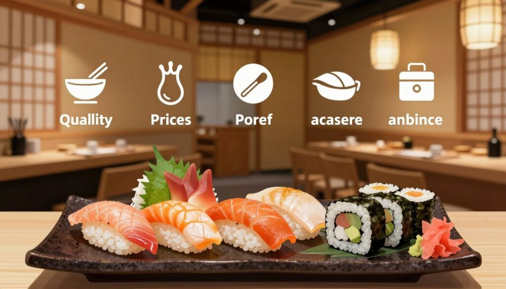 A visually appealing illustration of various factors influencing sushi set prices. In the foreground, a beautifully arranged sushi platter showcases assorted sushi types, including nigiri, sashimi, and maki rolls, garnished with wasabi and pickled ginger. In the middle, detailed icons or symbols represent elements like ingredients' quality, preparation complexity, and restaurant ambiance, each labeled clearly but not textually. In the background, a serene sushi restaurant setting with warm lighting, wooden decor, and traditional Japanese elements extends the depth of the scene. The overall atmosphere embodies elegance and sophistication, evoking a sense of gourmet dining. Use soft, inviting lighting to enhance colors and textures, focusing on a balanced composition. Capture the image with a slight overhead angle to showcase both the sushi and the surrounding details effectively.